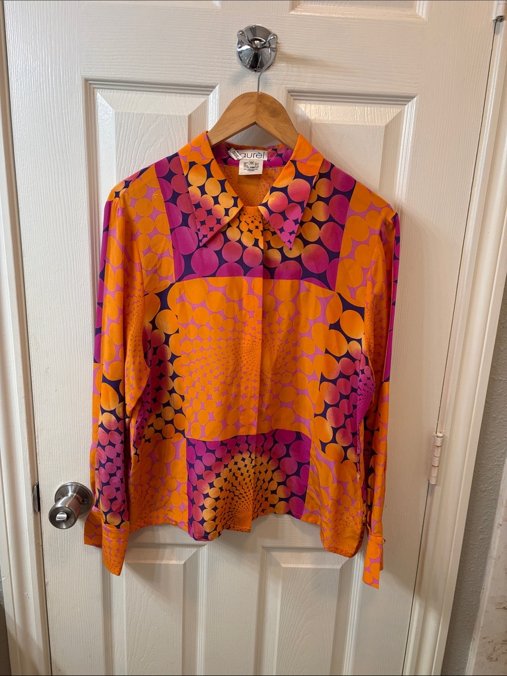 Vintage Laurel Vibrant Orange & Pink Geometric Silk Button-Up Blouse size 42